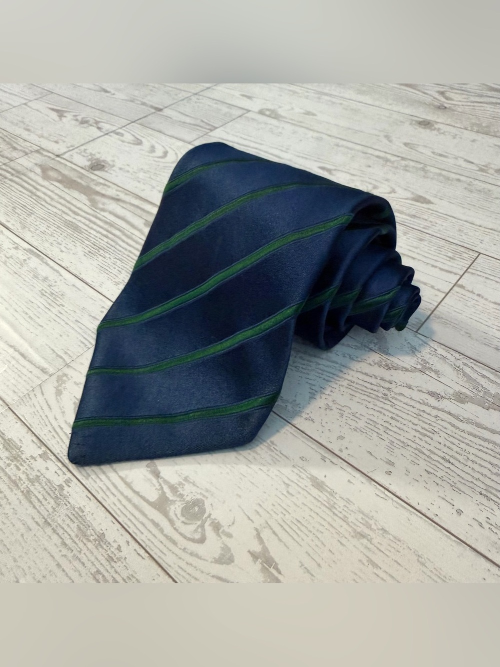 Charvet Place Vendôme Navy Green Stripe, 100% Silk NeckTie